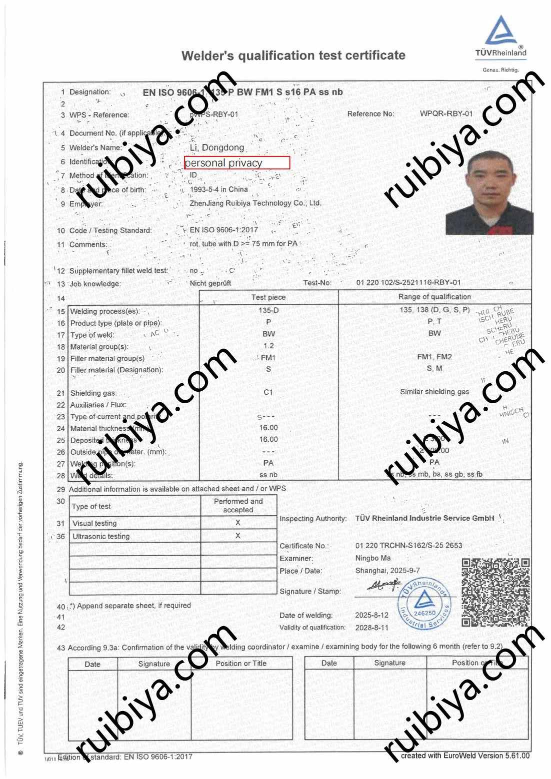 European Welder Certificate 1