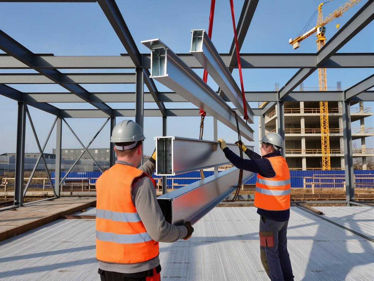 Steel Structure Installation Efficiency Workers installing a prefabricated steel frame