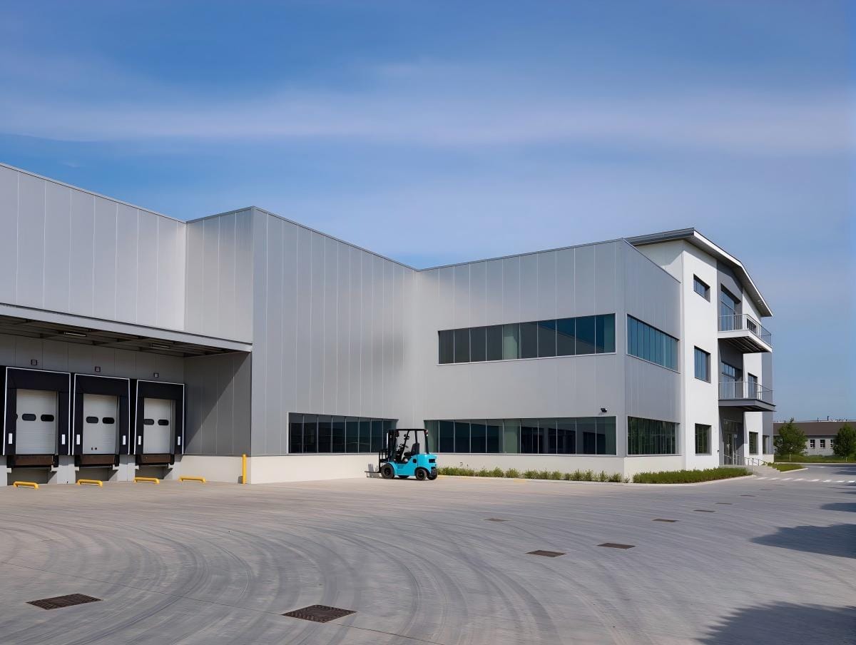 Warehouse Design Function and Cost A modern warehouse with an integrated office section