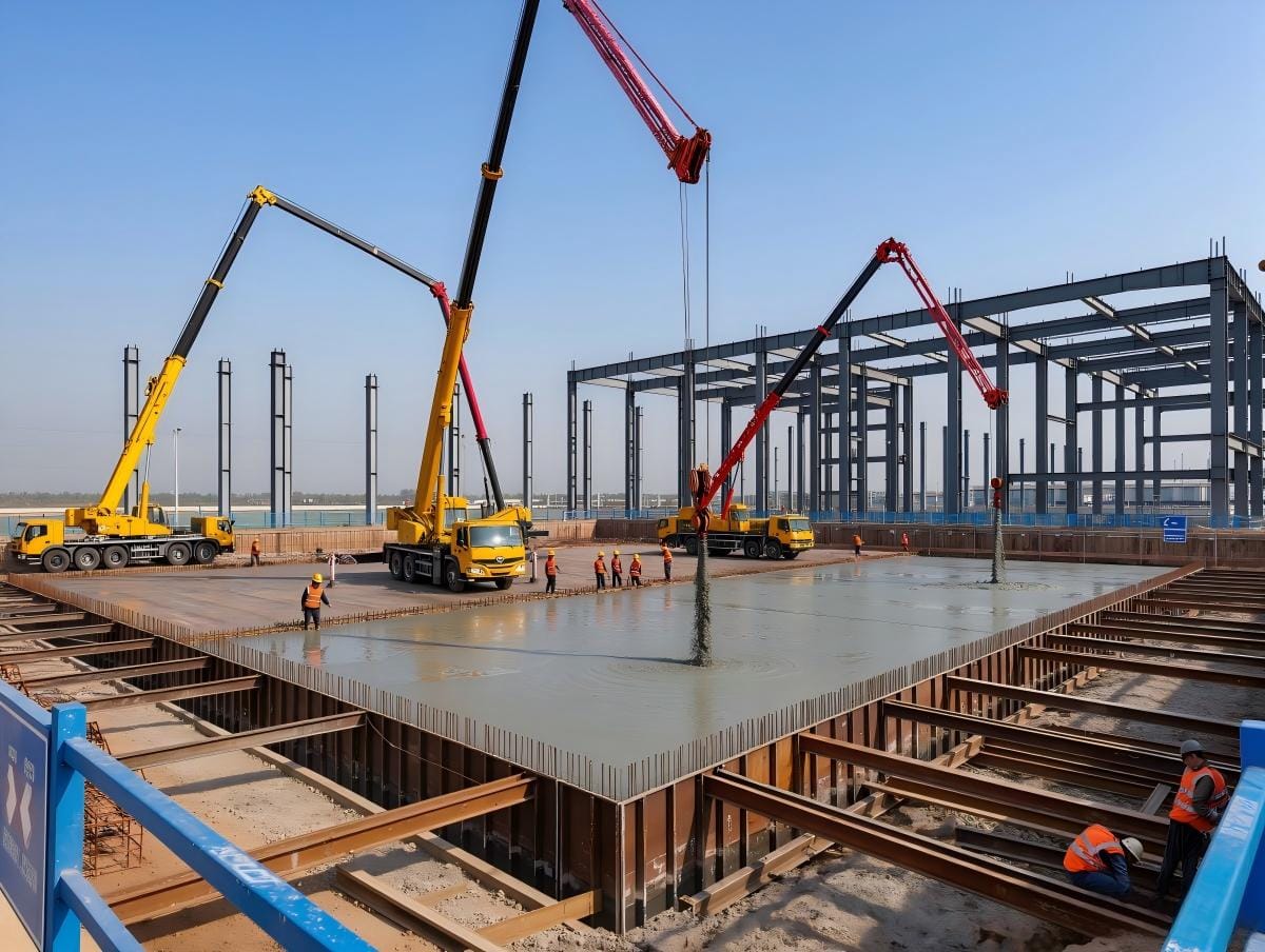 Steel Building Foundation Cost Concrete foundation being poured for a large steel building