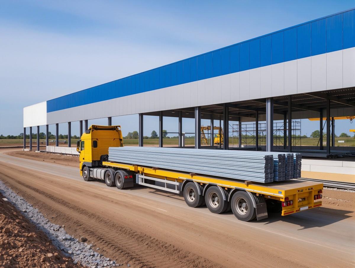Steel Structure Cladding and Logistics A truck transporting long steel beams to a remote construction site